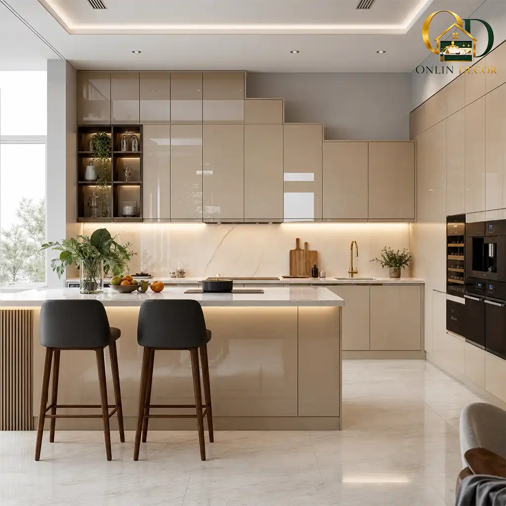 کابینت هایگلاس دو پله بژ، انتخابی عالی برای فضاهای مدرن و دلباز | آنلاین دکور