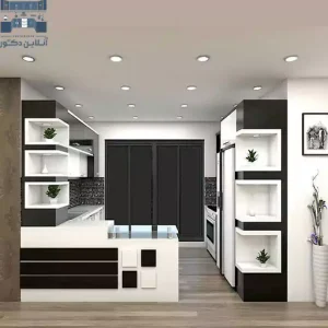 کابینت دو پله‌ای مدرن با طراحی خاص و ترکیب رنگ سفید و طوسی، مناسب آشپزخانه‌های ایرانی | آنلاین دکور