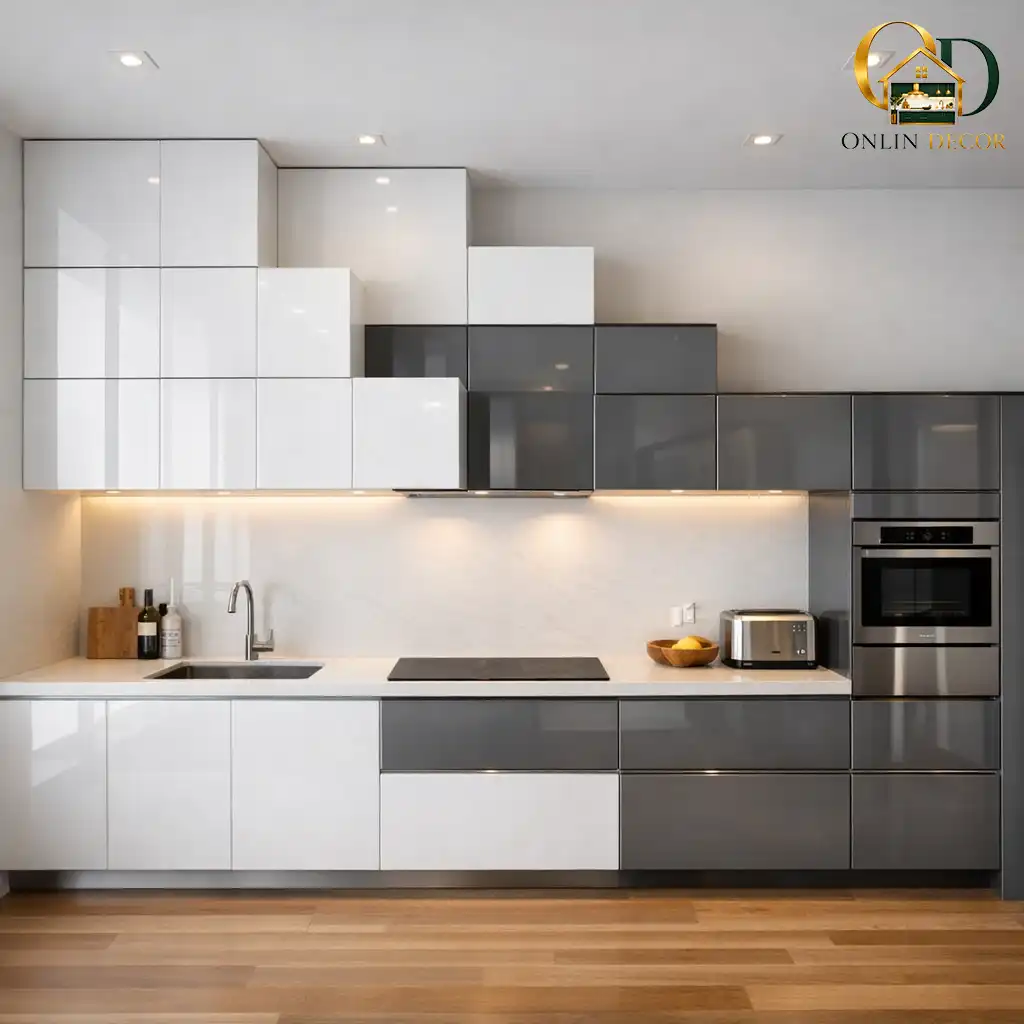 طراحی کابینت دو پله هایگلاس با رنگ طوسی و سفید |آنلاین دکور