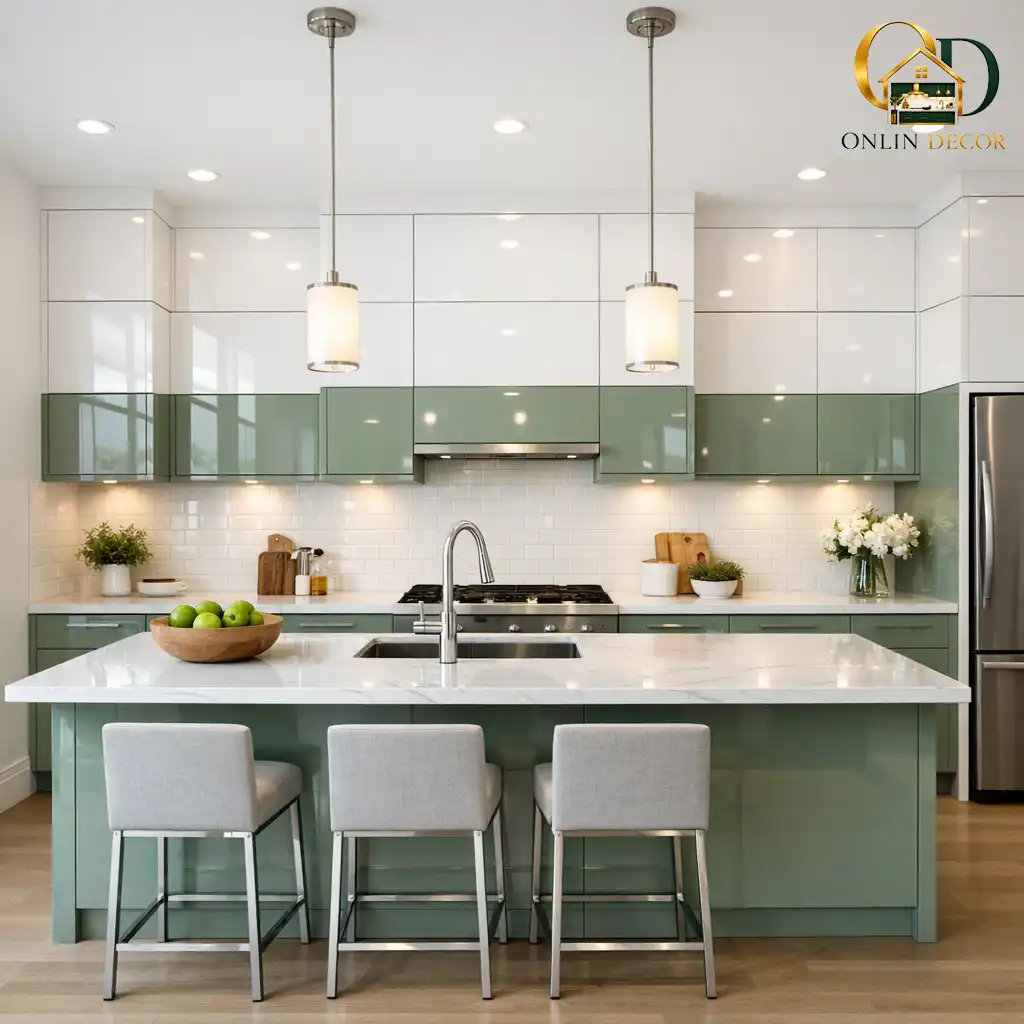 مدل کابینت هایگلاس دو پله سفید و سبز، انتخابی خاص برای دکوراسیون منزل | آنلاین دکور