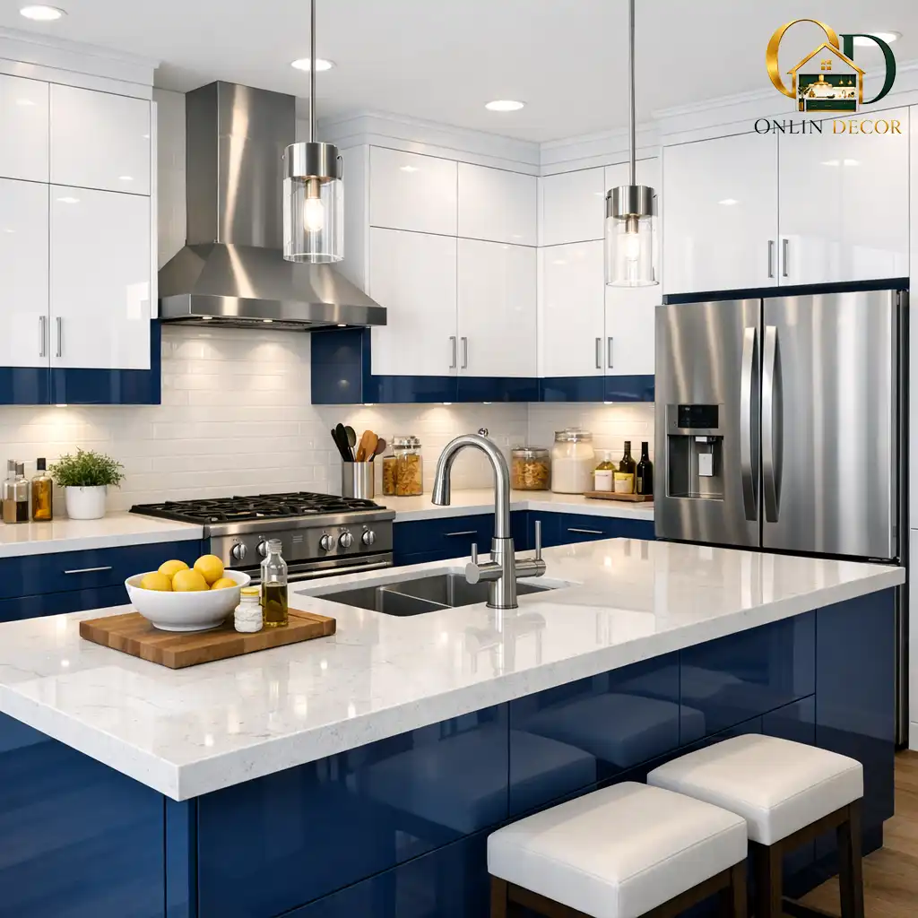 مدل جدید کابینت هایگلاس دو پله با ترکیب رنگی شاد و مدرن سفید آبی | آنلاین دکور