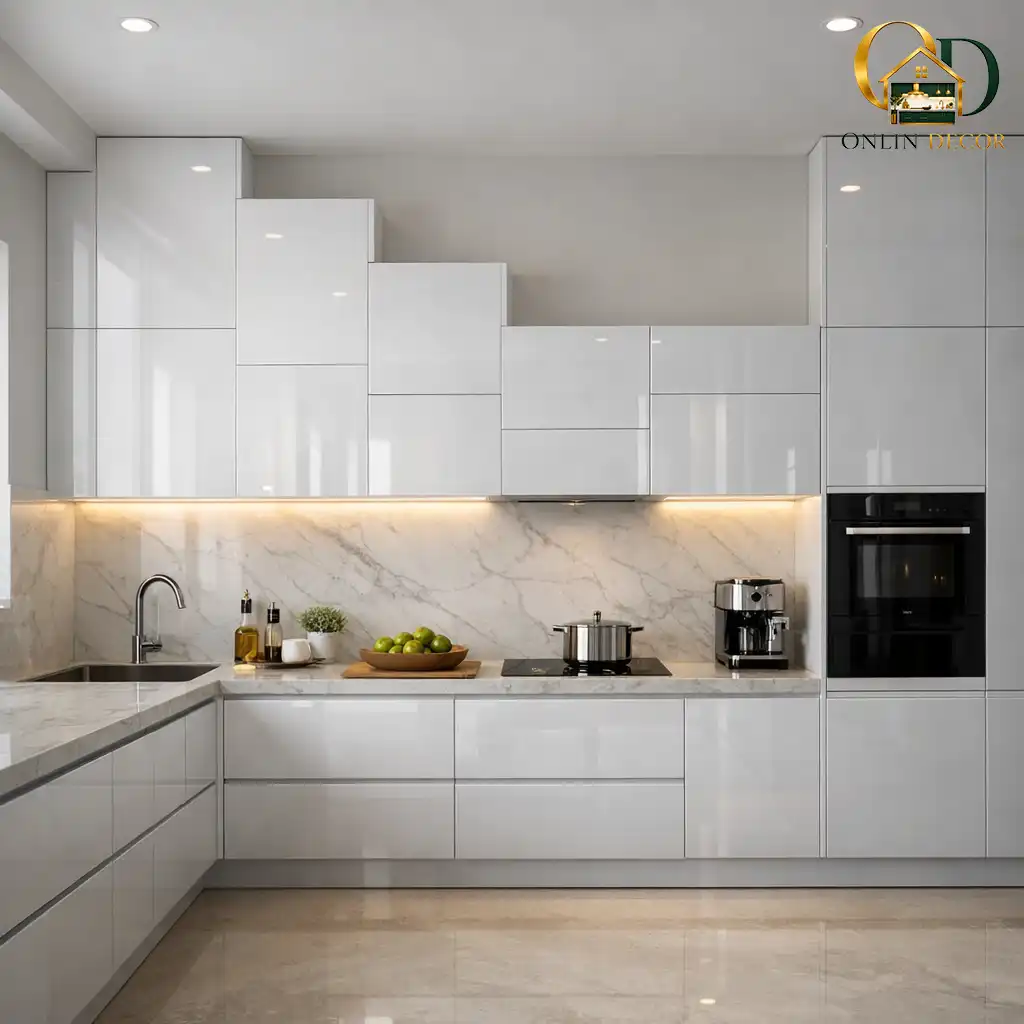 نمای کابینت هایگلاس سفید مدل دو پله مدرن | آنلاین دکور