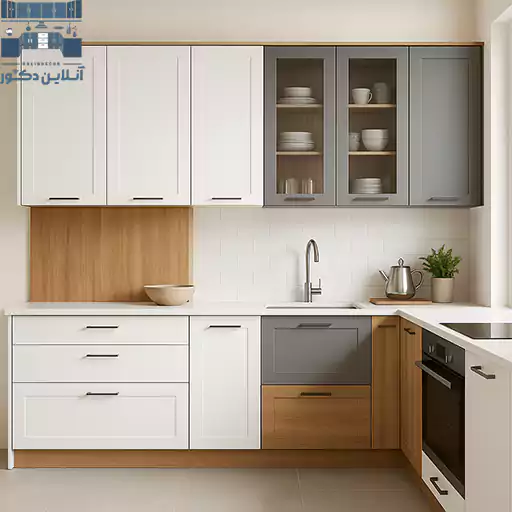 کابینت آشپزخانه ترکیبی با طراحی امروزی و ترکیب رنگ چوب،سفید و طوسی، مناسب دکوراسیون مدرن و شیک ایرانی ۲۰۲۵ | آنلاین دکور