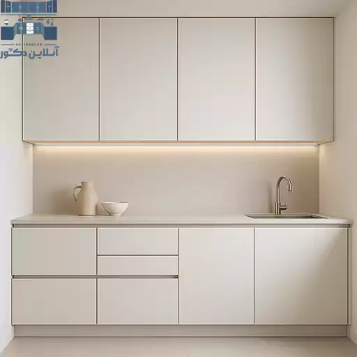 کابینت آشپزخانه مینیمال ۲۰۲۵ با طراحی ساده، خطوط تمیز و رنگ سفید مناسب دکوراسیون مدرن ایرانی | آنلاین دکور