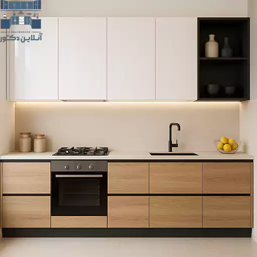 کابینت ترکیبی آشپزخانه با طراحی مدرن و تلفیق چوب و ام‌دی‌اف رنگ گردویی و سفید، مناسب دکوراسیون ۲۰۲۵ ایرانی | آنلاین دکور