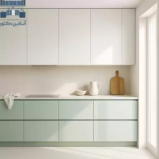 کابینت نسل جدید آشپزخانه با طراحی مدرن و بدون دستگیره، رنگ سفید براق و سبز و متریال هایگلاس مناسب دکوراسیون ۲۰۲۵ ایرانی | آنلاین دکور