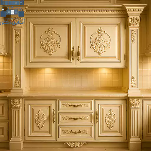 کابینت کلاسیک آشپزخانه با طراحی منبت و رنگ سفید استخوانی مناسب دکوراسیون لوکس ایرانی ۲۰۲۵ | آنلاین دکور
