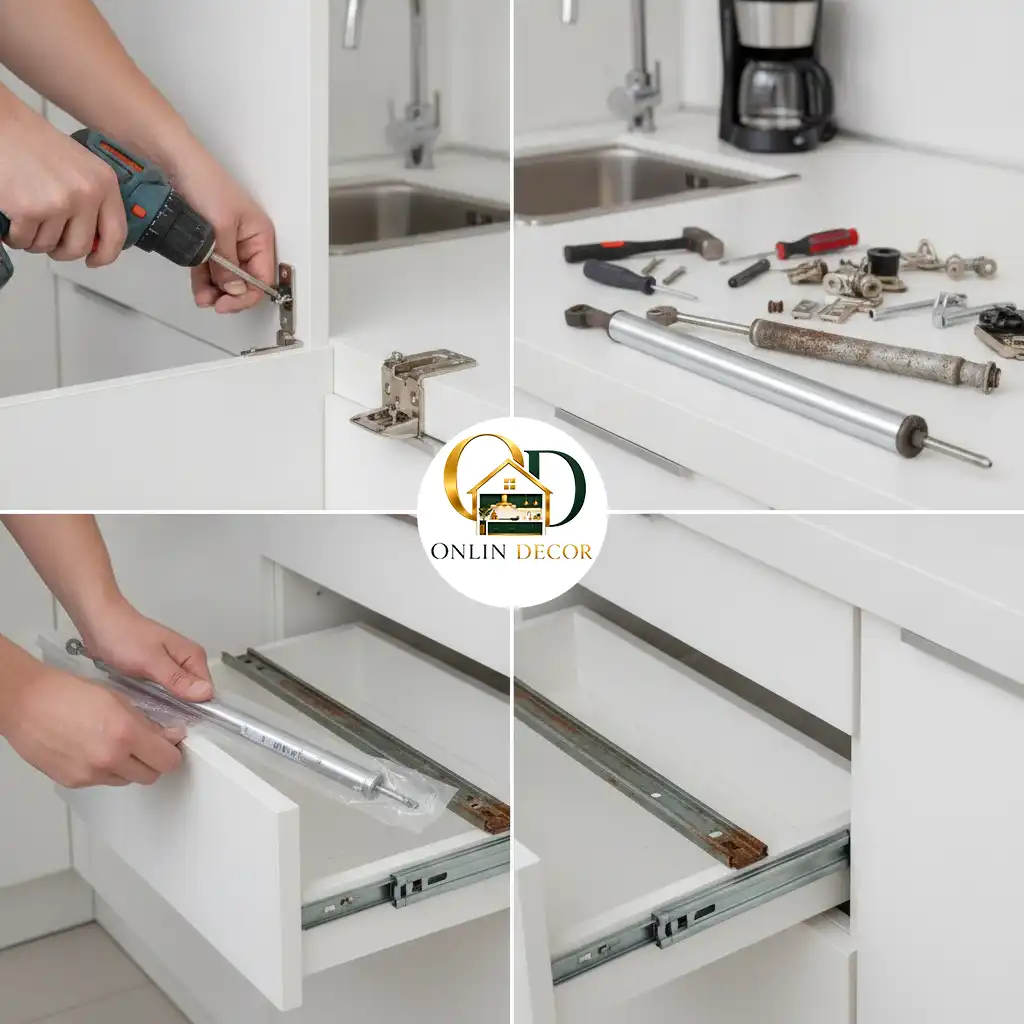 تعویض لولای درب کابینت، جک بالابر و ریل کشوی آسیب‌دیده | آنلاین دکور