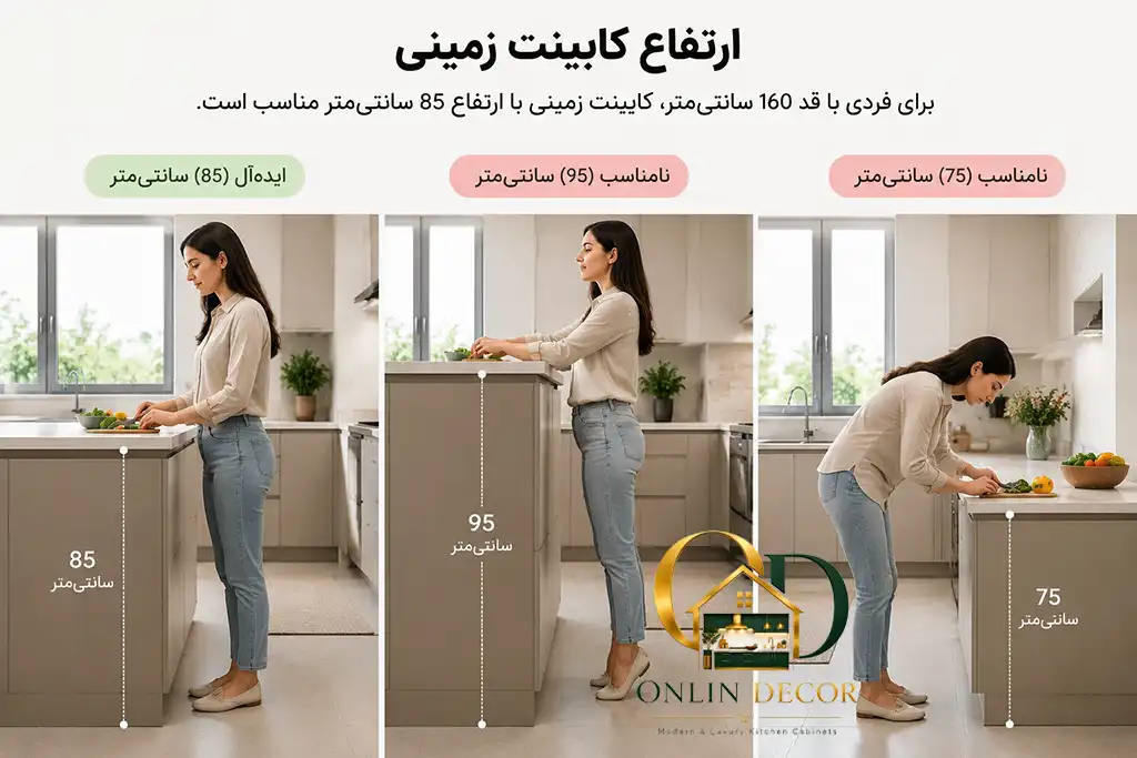 در طراحی و ساخت کابینت آشپزخانه ارتفاع کابینت زمینی را 90 سانتیمتر در نظر میگیرند | آنلاین دکور