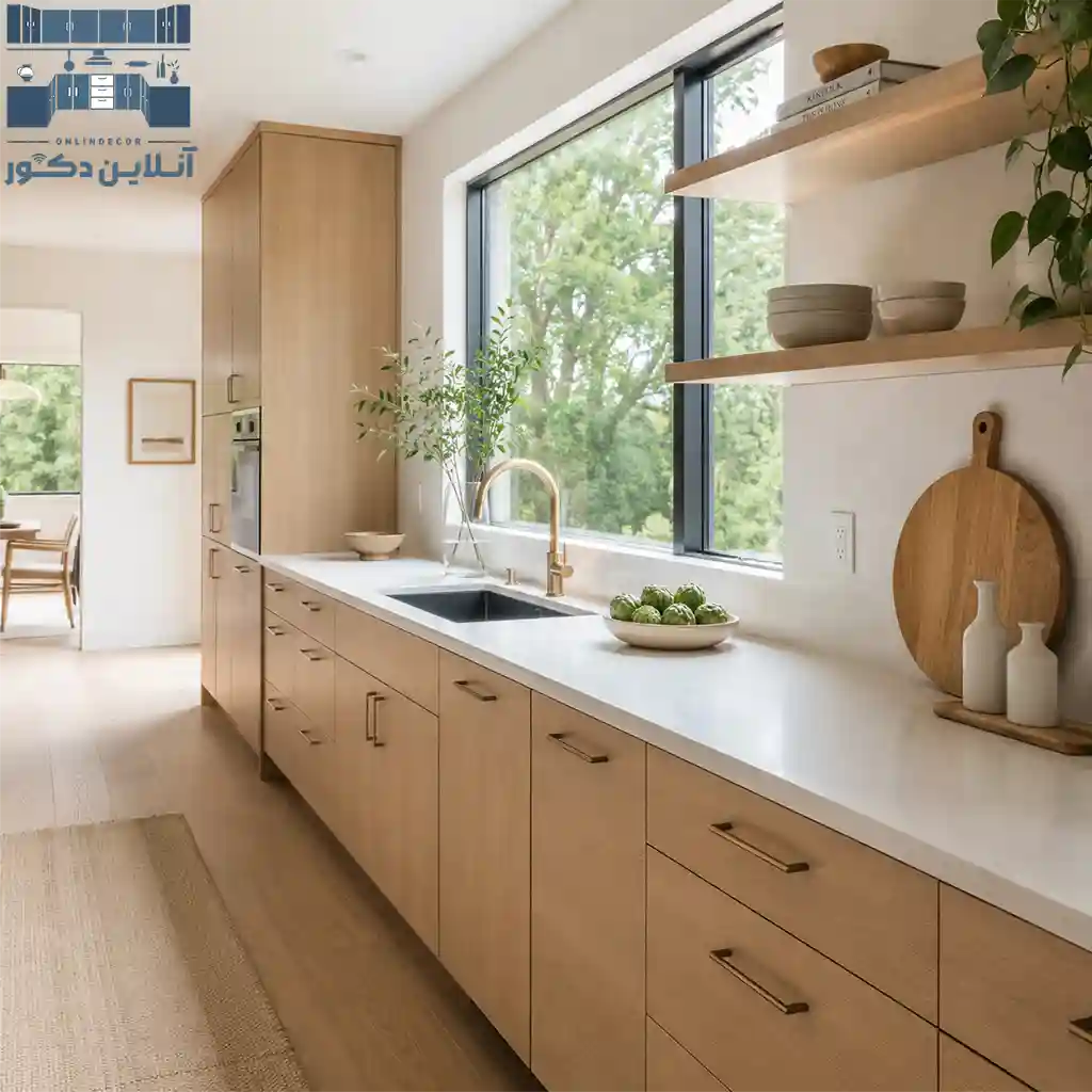 کابینت مدرن اروپایی با روکش چوبی روشن و صفحه کوارتز سفید | آنلاین دکور